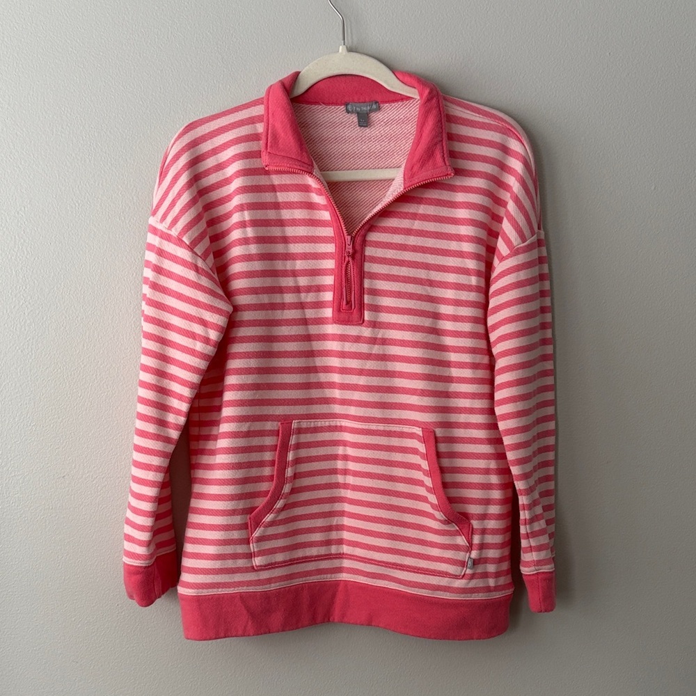 T by Talbots Petite Pink and White Striped Quarter-Zip Pullover
